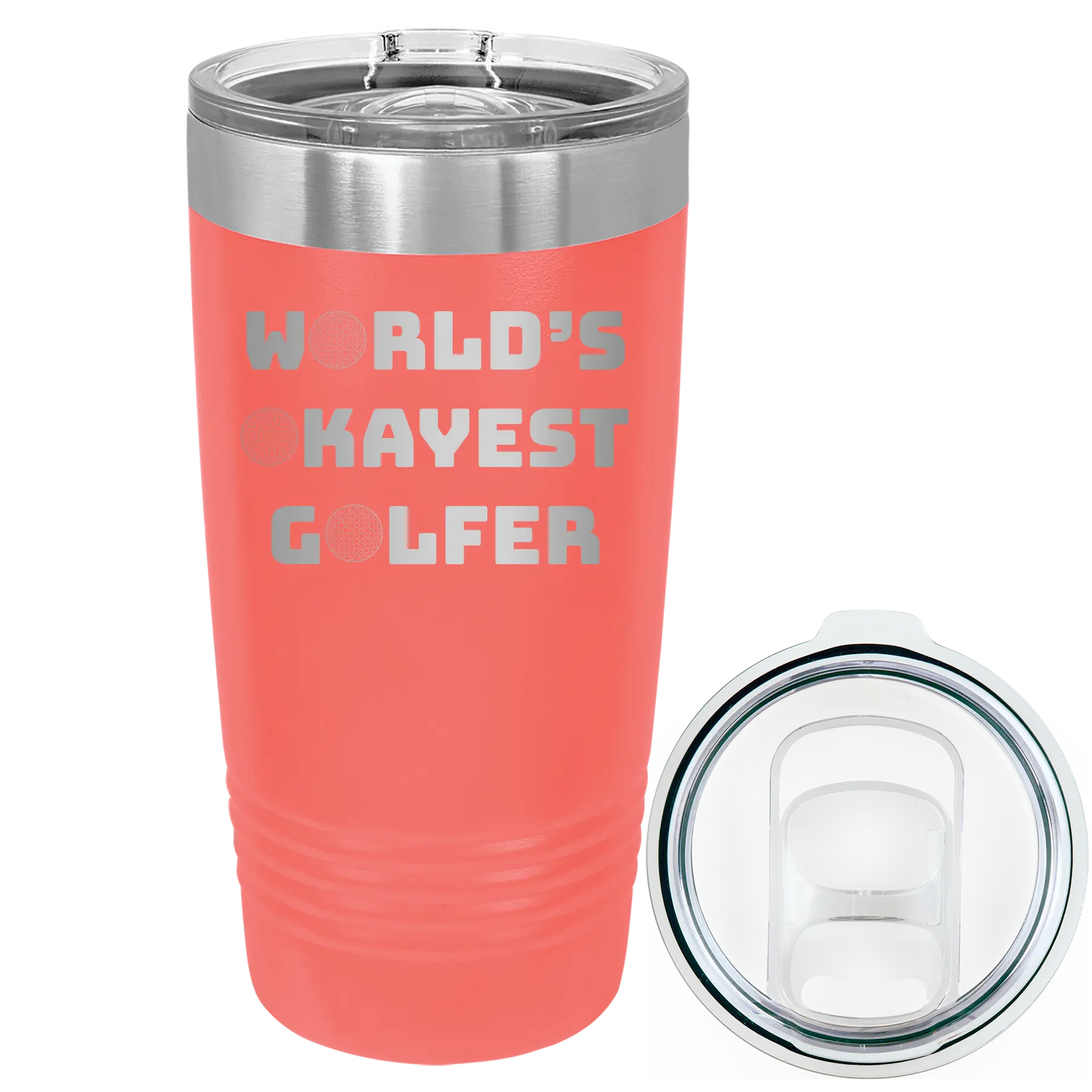 Laser etched coral 20 oz vacuum insulated tumbler with 'Worlds Okayest Golfer' design