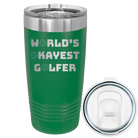 Laser etched green 20 oz vacuum insulated tumbler with 'Worlds Okayest Golfer' design