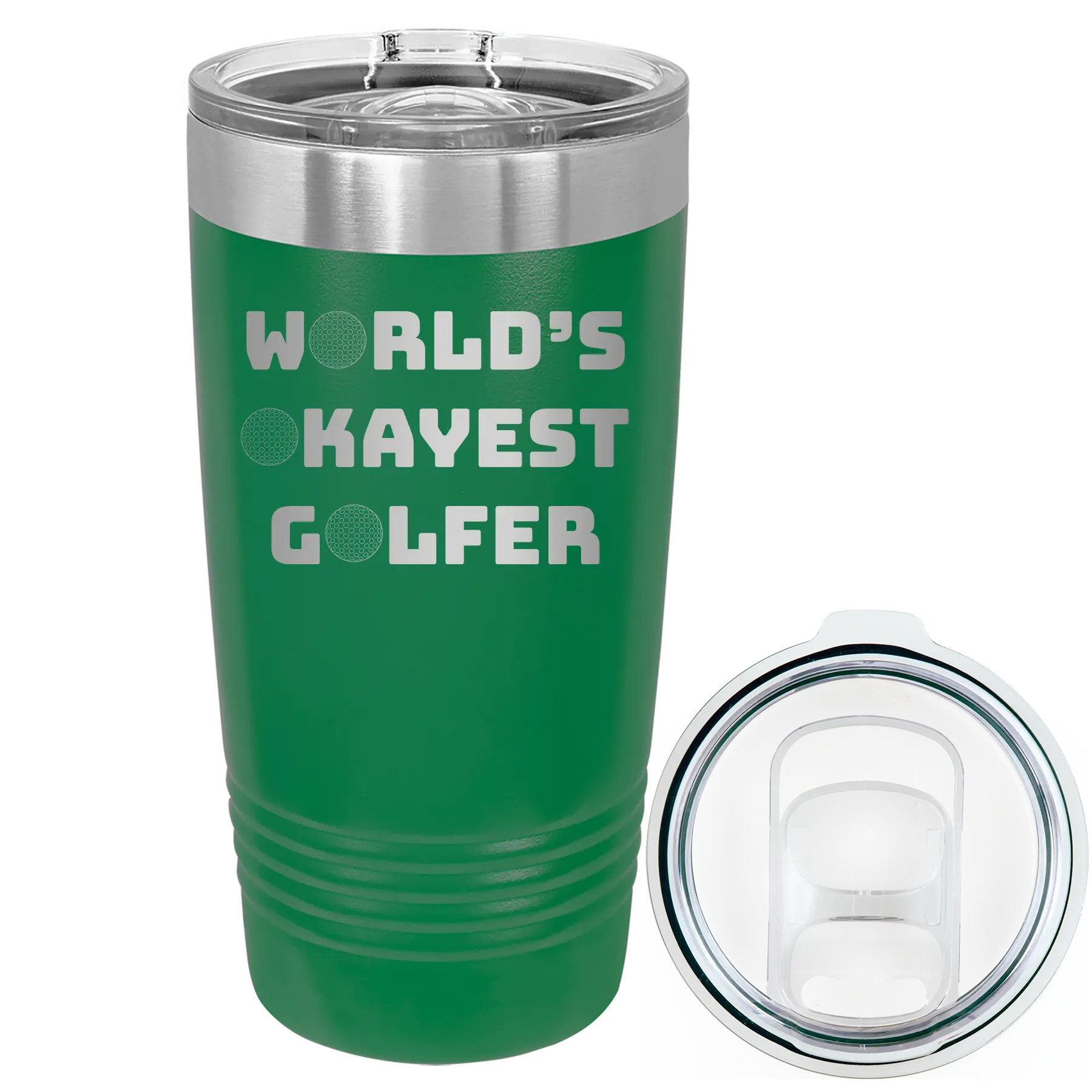 Laser etched green 20 oz vacuum insulated tumbler with 'Worlds Okayest Golfer' design