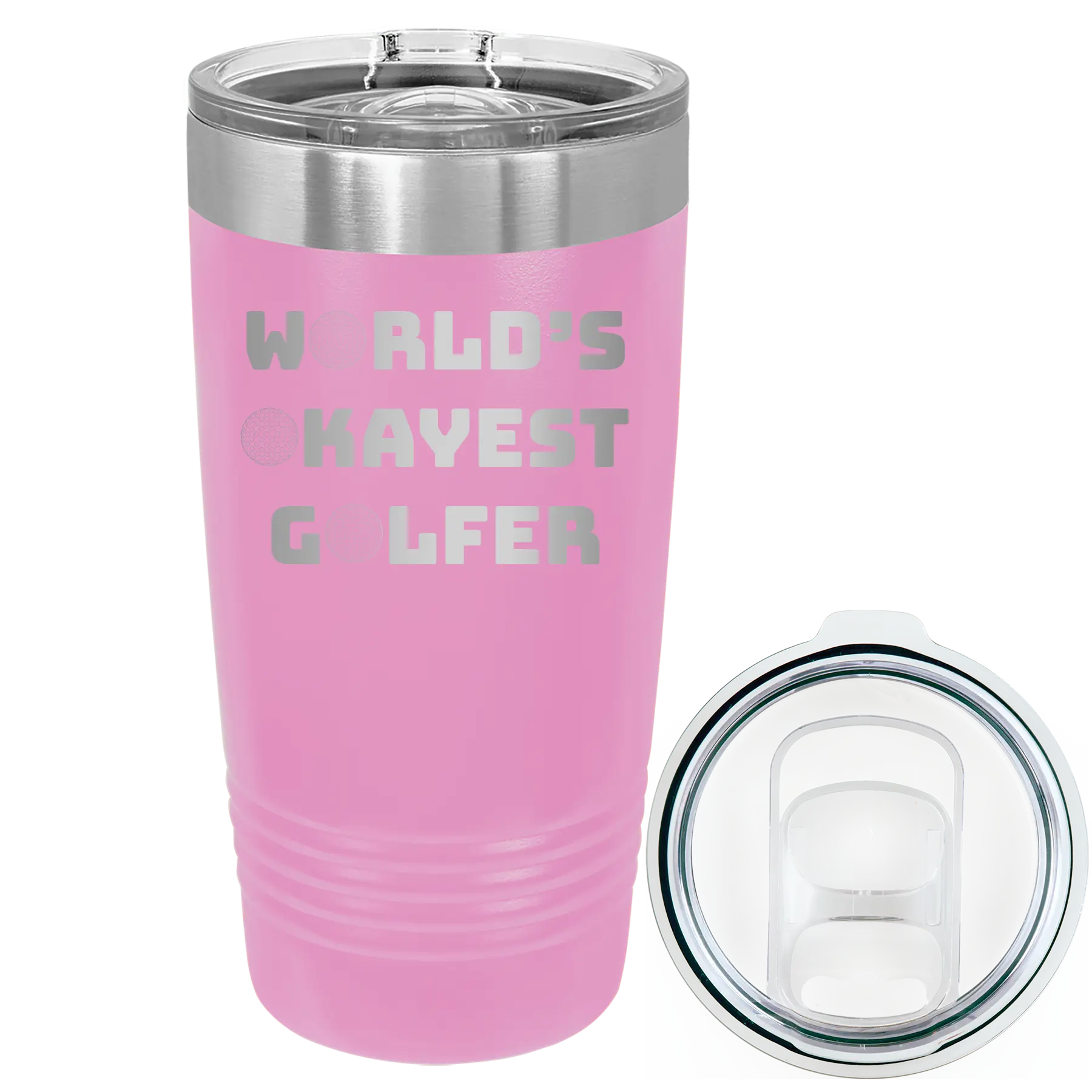 Laser etched light purple 20 oz vacuum insulated tumbler with 'Worlds Okayest Golfer' design