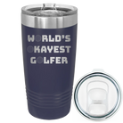 Laser etched navy 20 oz vacuum insulated tumbler with 'Worlds Okayest Golfer' design