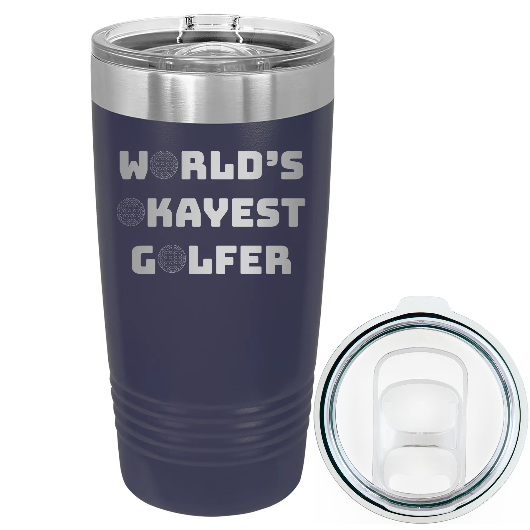 Laser etched navy 20 oz vacuum insulated tumbler with 'Worlds Okayest Golfer' design