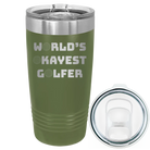 Laser etched olive green 20 oz vacuum insulated tumbler with 'Worlds Okayest Golfer' design