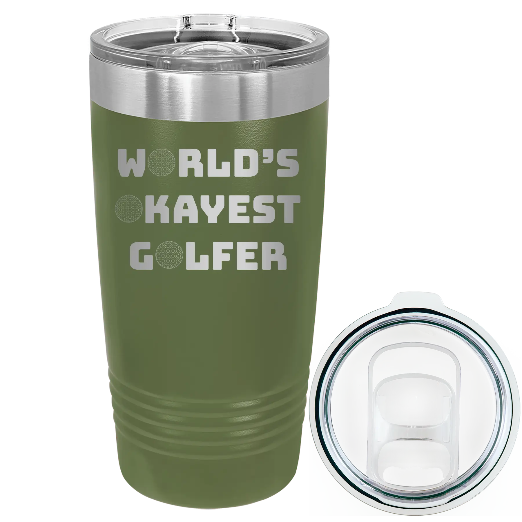 Laser etched olive green 20 oz vacuum insulated tumbler with 'Worlds Okayest Golfer' design