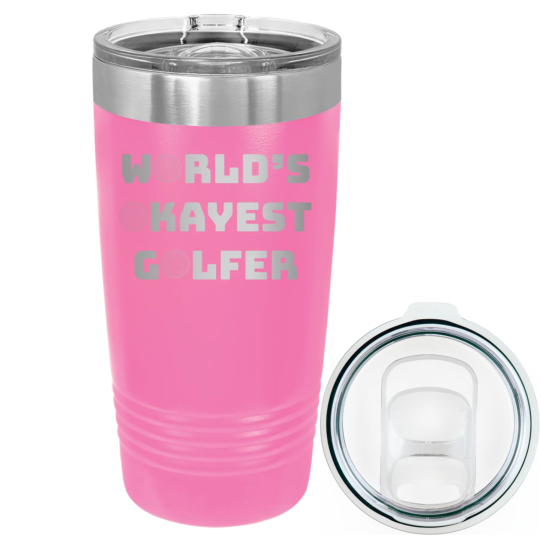 Laser etched pink 20 oz vacuum insulated tumbler with 'Worlds Okayest Golfer' design