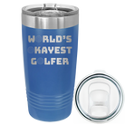Laser etched royal blue 20 oz vacuum insulated tumbler with 'Worlds Okayest Golfer' design