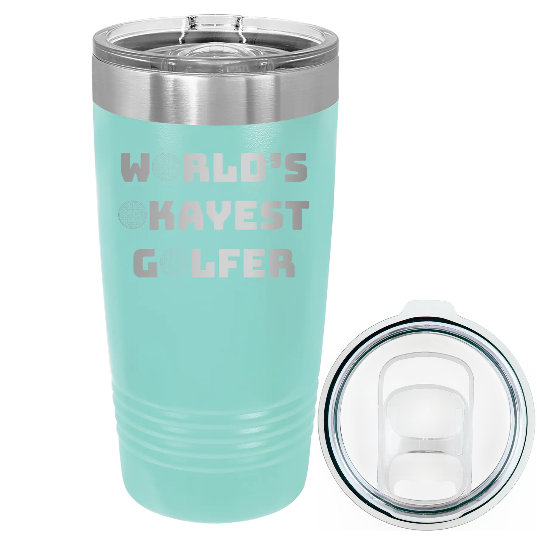 Laser etched teal 20 oz vacuum insulated tumbler with 'Worlds Okayest Golfer' design