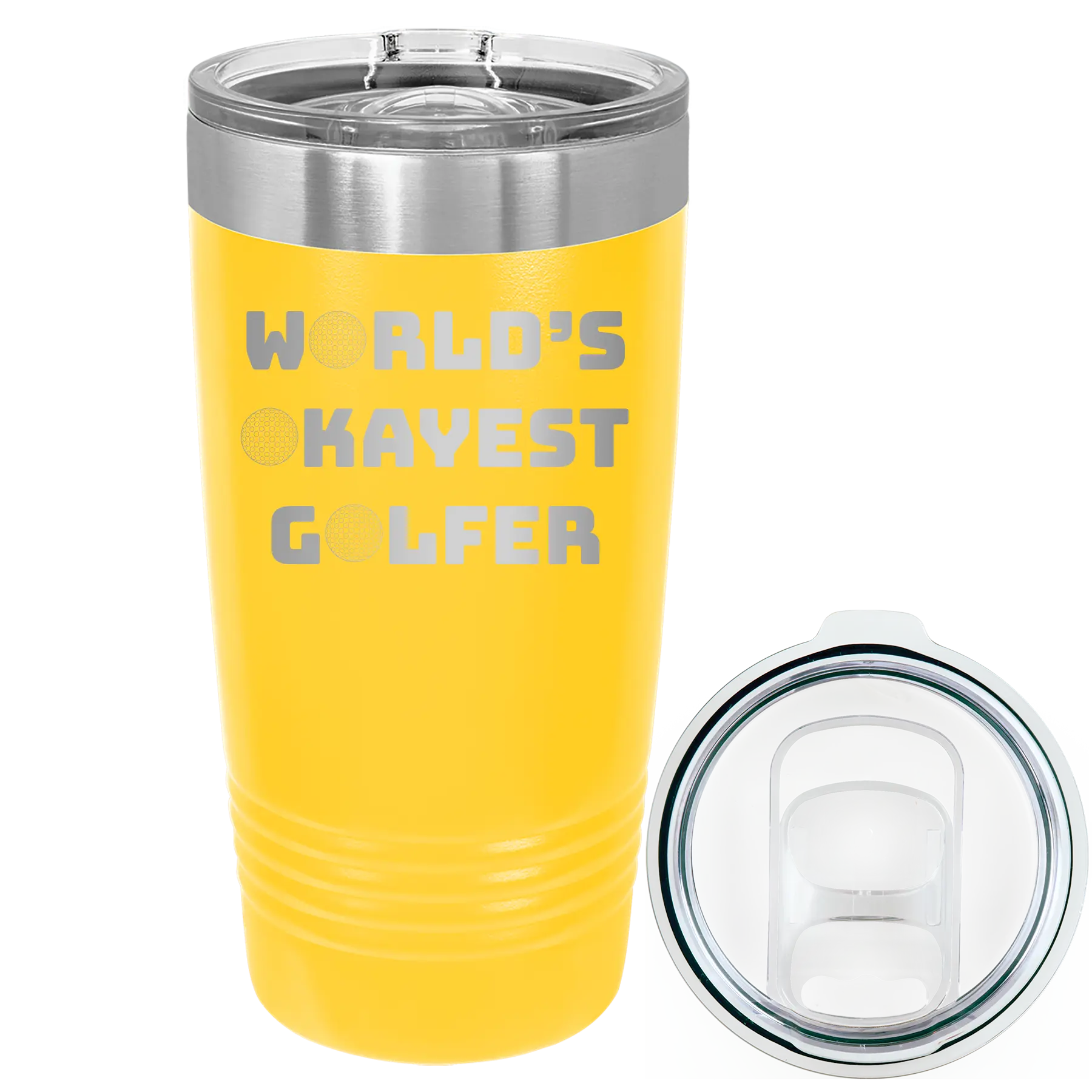 Laser etched yellow 20 oz vacuum insulated tumbler with 'Worlds Okayest Golfer' design