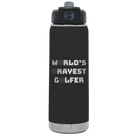 Laser etched black 20 oz vacuum insulated water bottle with 'Worlds Okayest Golfer' design
