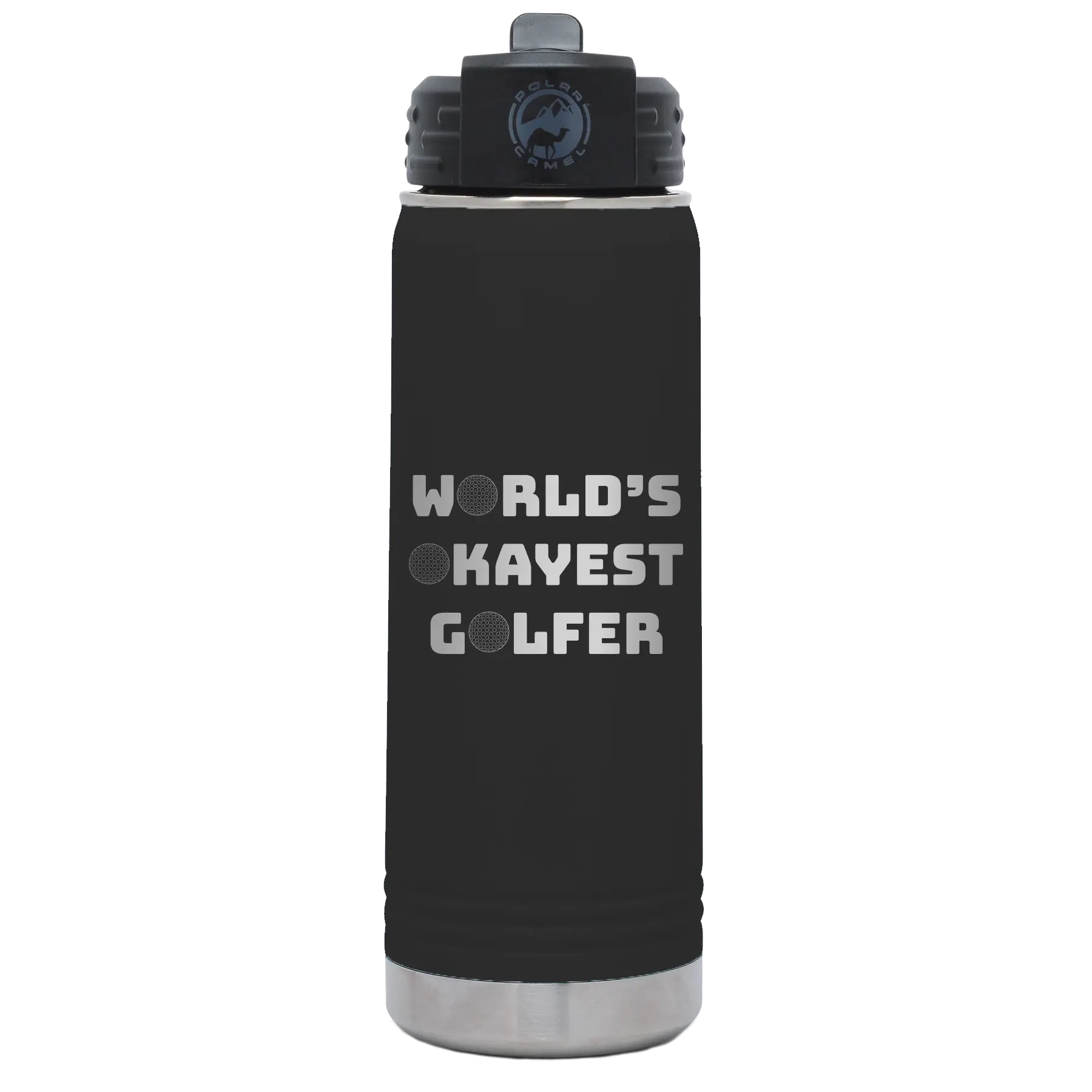 Laser etched black 20 oz vacuum insulated water bottle with 'Worlds Okayest Golfer' design