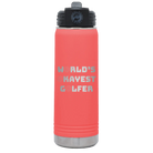 Laser etched coral 20 oz vacuum insulated water bottle with 'Worlds Okayest Golfer' design