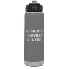 Laser etched dark gray 20 oz vacuum insulated water bottle with 'Worlds Okayest Golfer' design