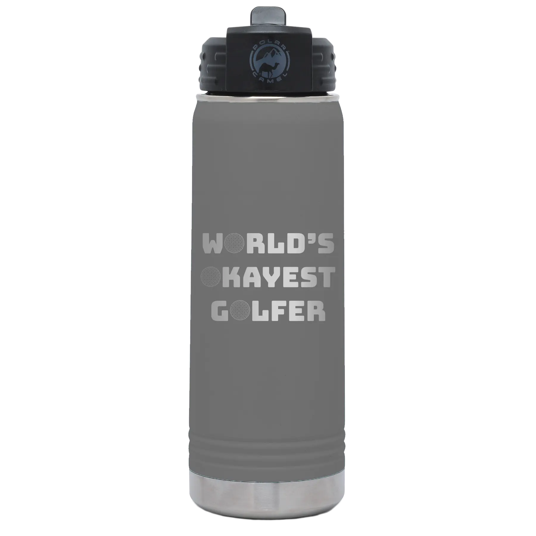 Laser etched dark gray 20 oz vacuum insulated water bottle with 'Worlds Okayest Golfer' design