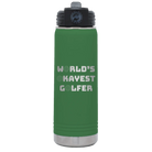 Laser etched green 20 oz vacuum insulated water bottle with 'Worlds Okayest Golfer' design