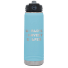 Laser etched light blue 20 oz vacuum insulated water bottle with 'Worlds Okayest Golfer' design