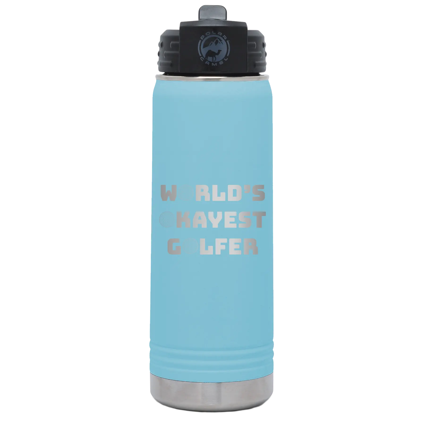 Laser etched light blue 20 oz vacuum insulated water bottle with 'Worlds Okayest Golfer' design