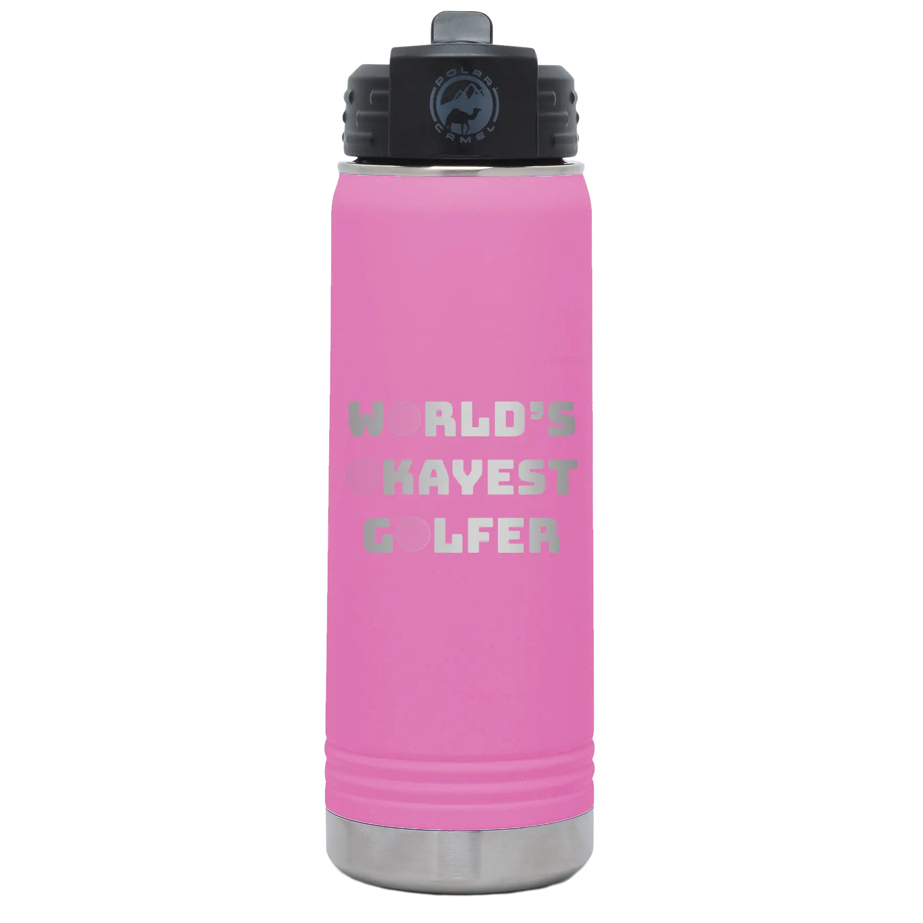 Laser etched light purple 20 oz vacuum insulated water bottle with 'Worlds Okayest Golfer' design