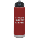 Laser etched maroon 20 oz vacuum insulated water bottle with 'Worlds Okayest Golfer' design