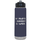 Laser etched navy 20 oz vacuum insulated water bottle with 'Worlds Okayest Golfer' design