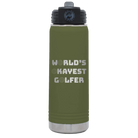 Laser etched olive green 20 oz vacuum insulated water bottle with 'Worlds Okayest Golfer' design