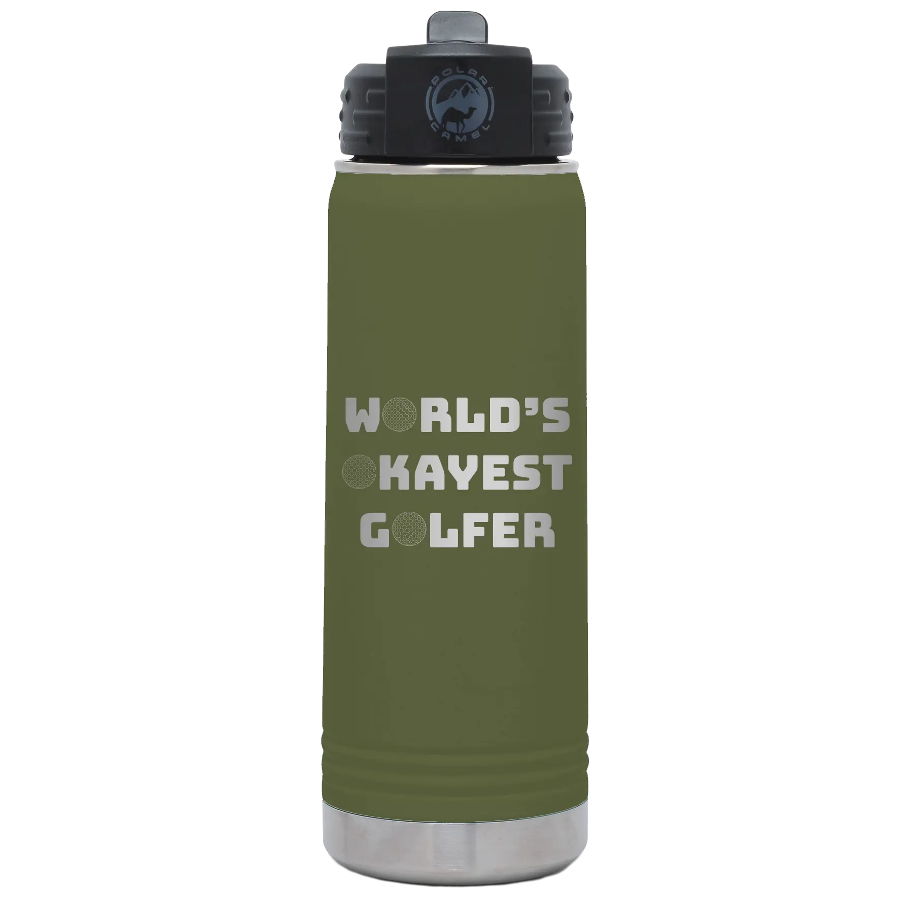 Laser etched olive green 20 oz vacuum insulated water bottle with 'Worlds Okayest Golfer' design
