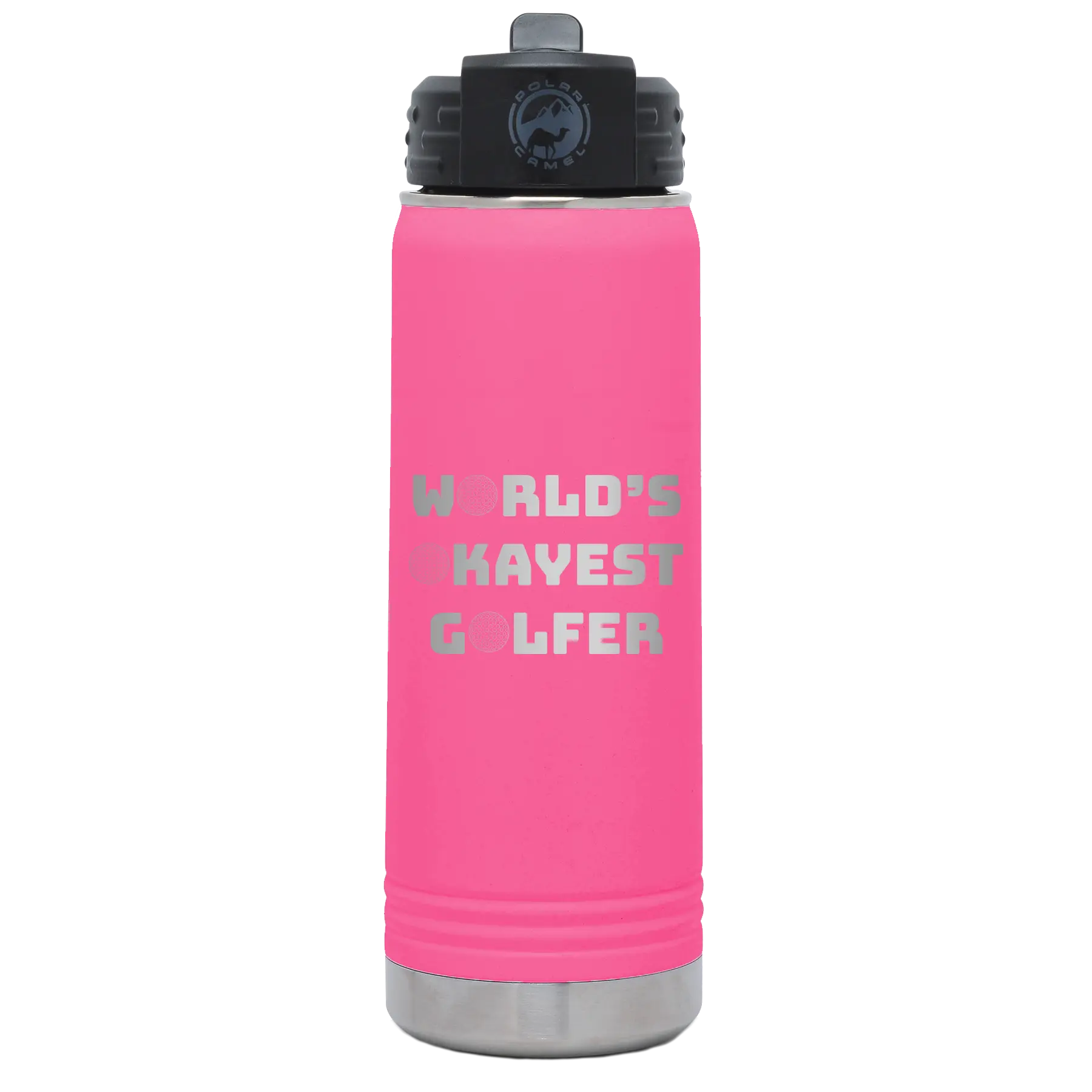 Laser etched pink 20 oz vacuum insulated water bottle with 'Worlds Okayest Golfer' design