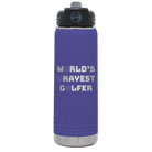 Laser etched purple 20 oz vacuum insulated water bottle with 'Worlds Okayest Golfer' design