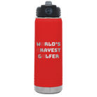 Laser etched red 20 oz vacuum insulated water bottle with 'Worlds Okayest Golfer' design