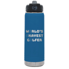 Laser etched royal blue 20 oz vacuum insulated water bottle with 'Worlds Okayest Golfer' design