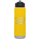 Laser etched yellow 20 oz vacuum insulated water bottle with 'Worlds Okayest Golfer' design