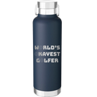 Laser etched navy 24 oz vacuum insulated water bottle with 'Worlds Okayest Golfer' design