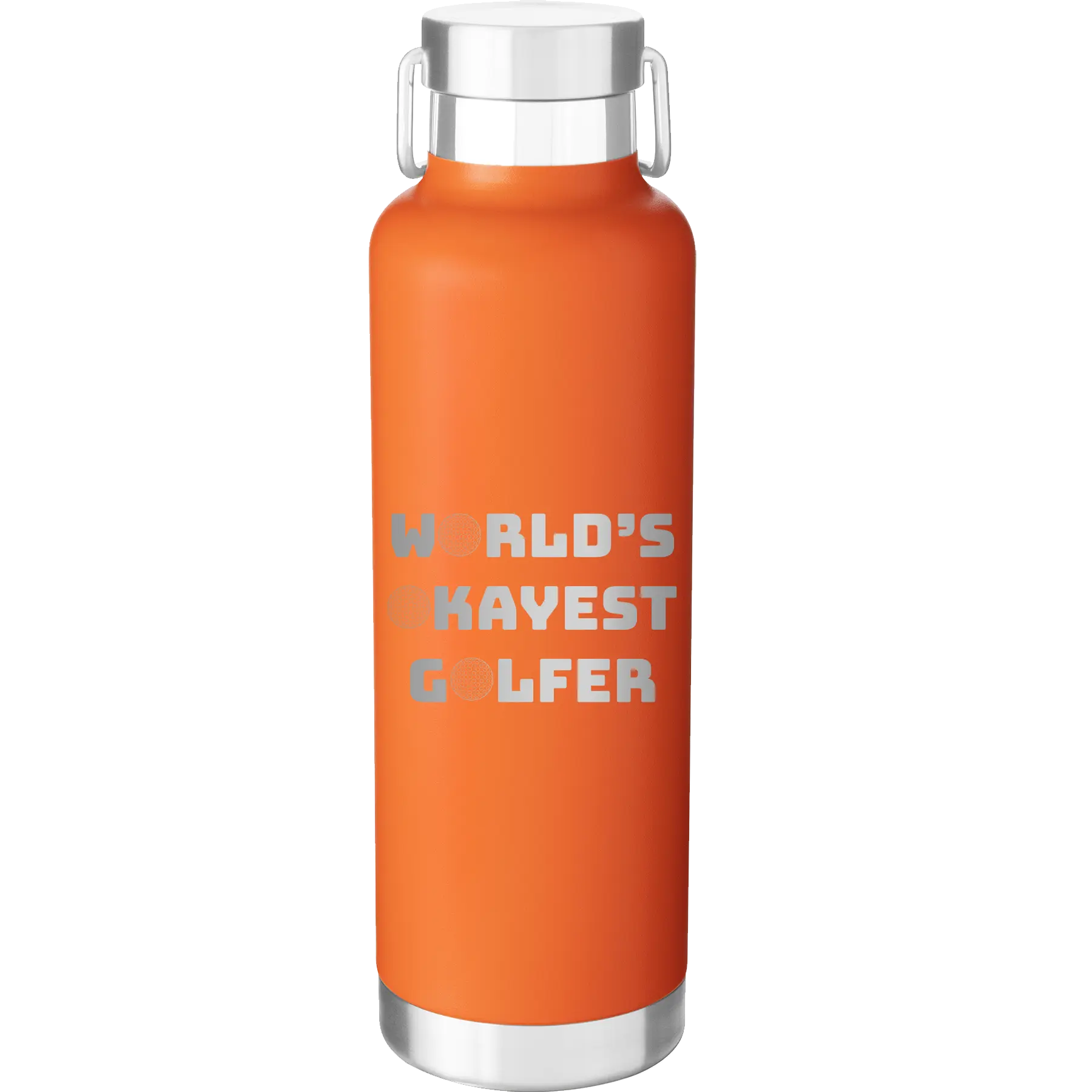 Laser etched orange 24 oz vacuum insulated water bottle with 'Worlds Okayest Golfer' design