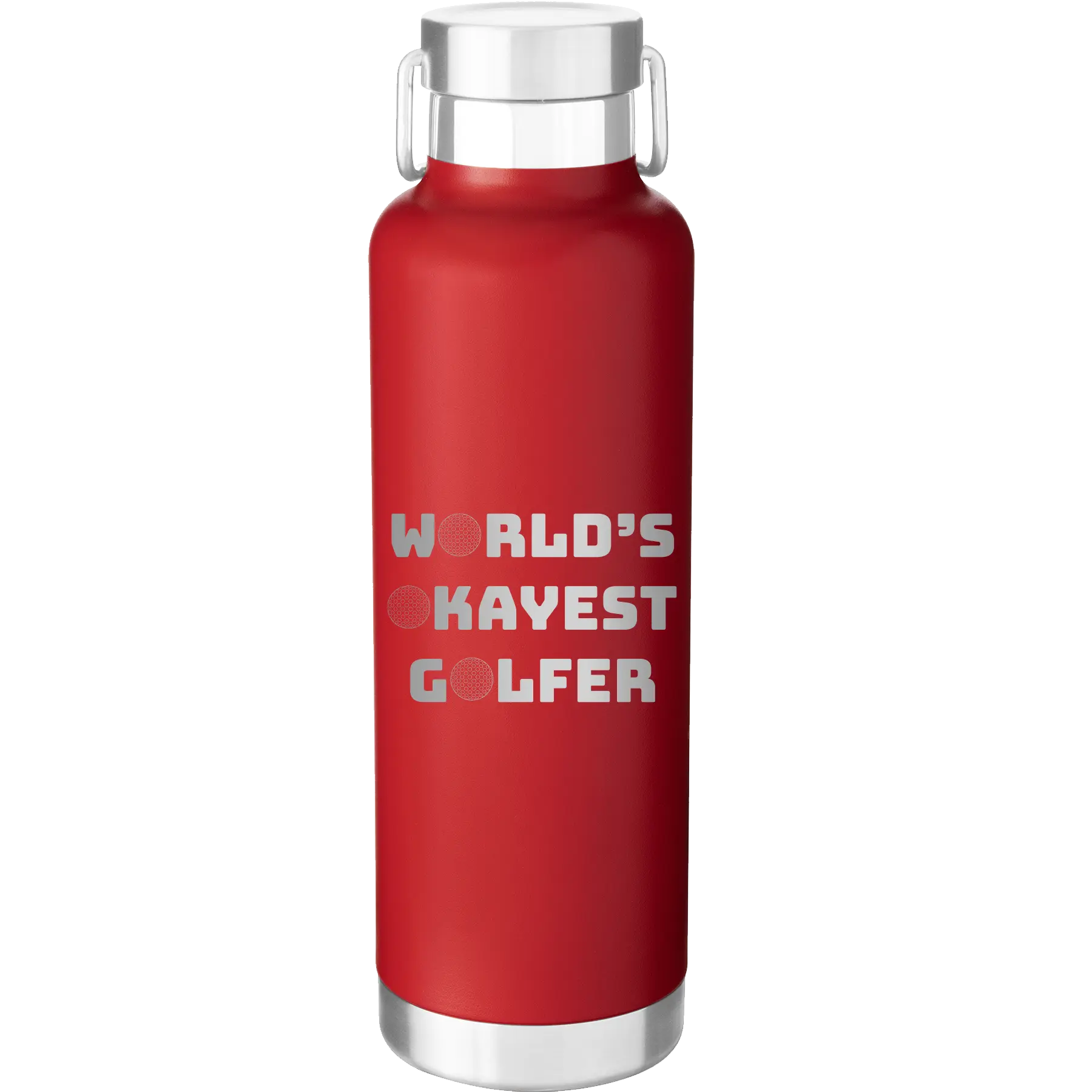 Laser etched red 24 oz vacuum insulated water bottle with 'Worlds Okayest Golfer' design
