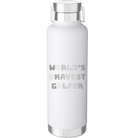 Laser etched white 24 oz vacuum insulated water bottle with 'Worlds Okayest Golfer' design