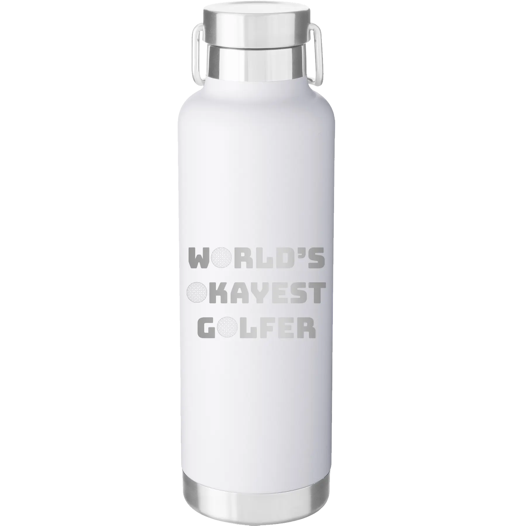 Laser etched white 24 oz vacuum insulated water bottle with 'Worlds Okayest Golfer' design