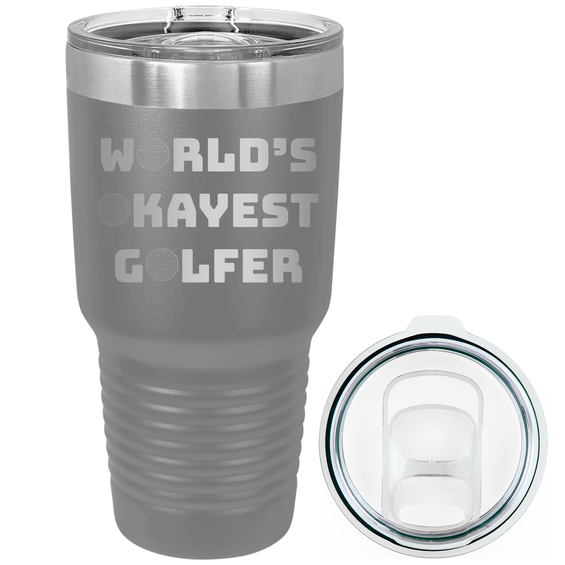 Laser etched dark gray 30 oz vacuum insulated tumbler with 'Worlds Okayest Golfer' design
