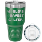 Laser etched green 30 oz vacuum insulated tumbler with 'Worlds Okayest Golfer' design