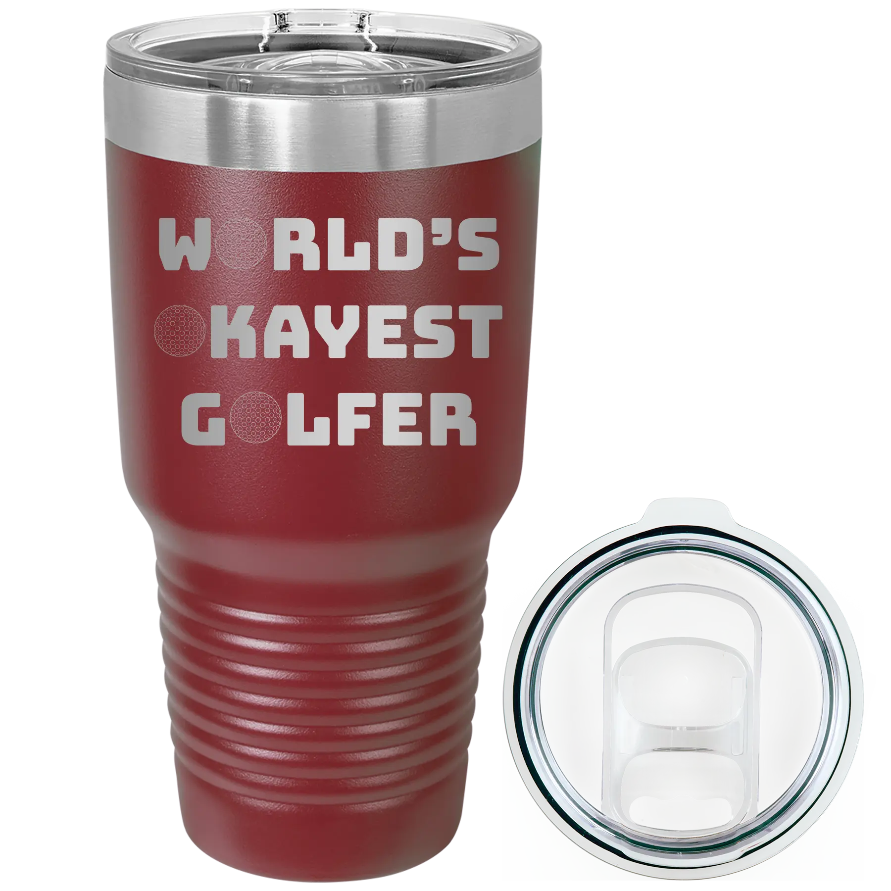 Laser etched maroon 30 oz vacuum insulated tumbler with 'Worlds Okayest Golfer' design