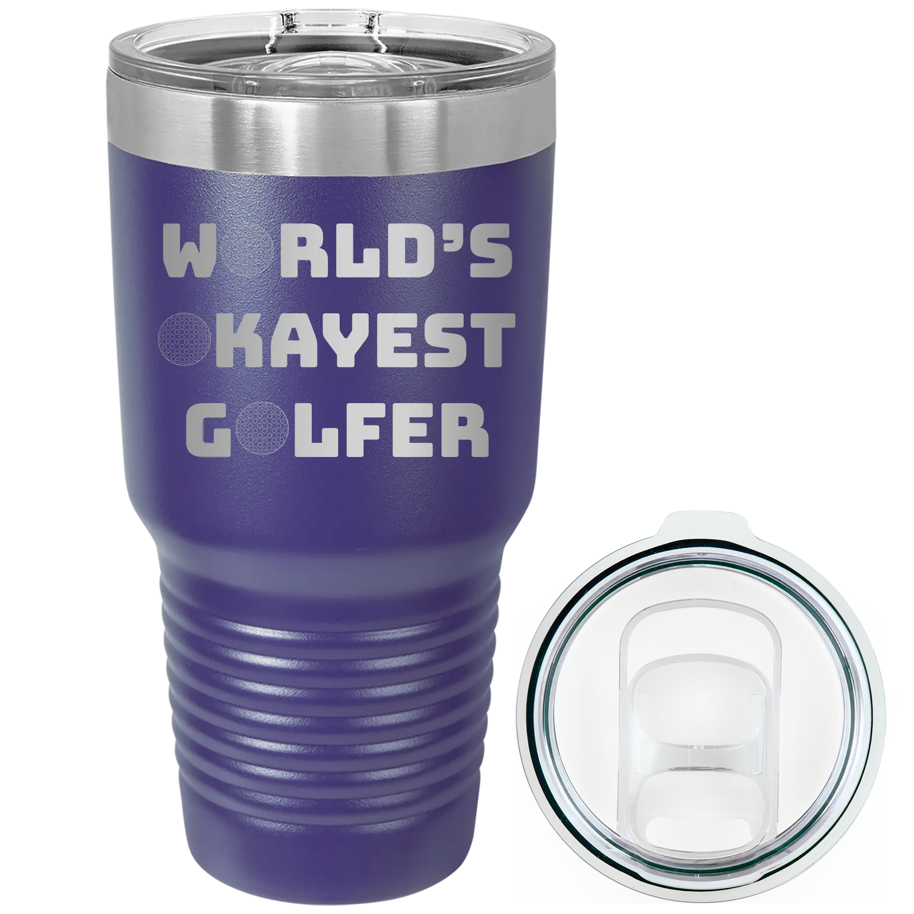 Laser etched purple 30 oz vacuum insulated tumbler with 'Worlds Okayest Golfer' design