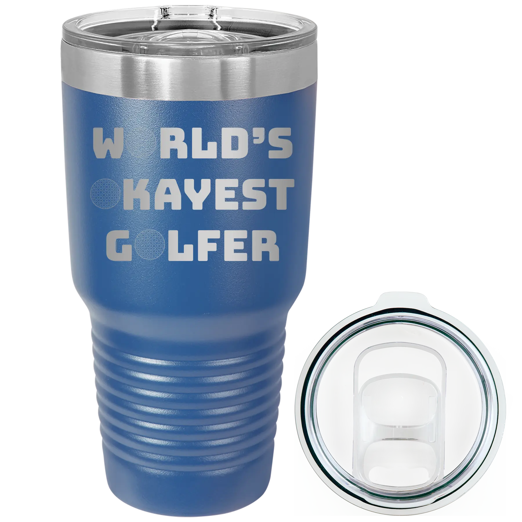 Laser etched royal blue 30 oz vacuum insulated tumbler with 'Worlds Okayest Golfer' design
