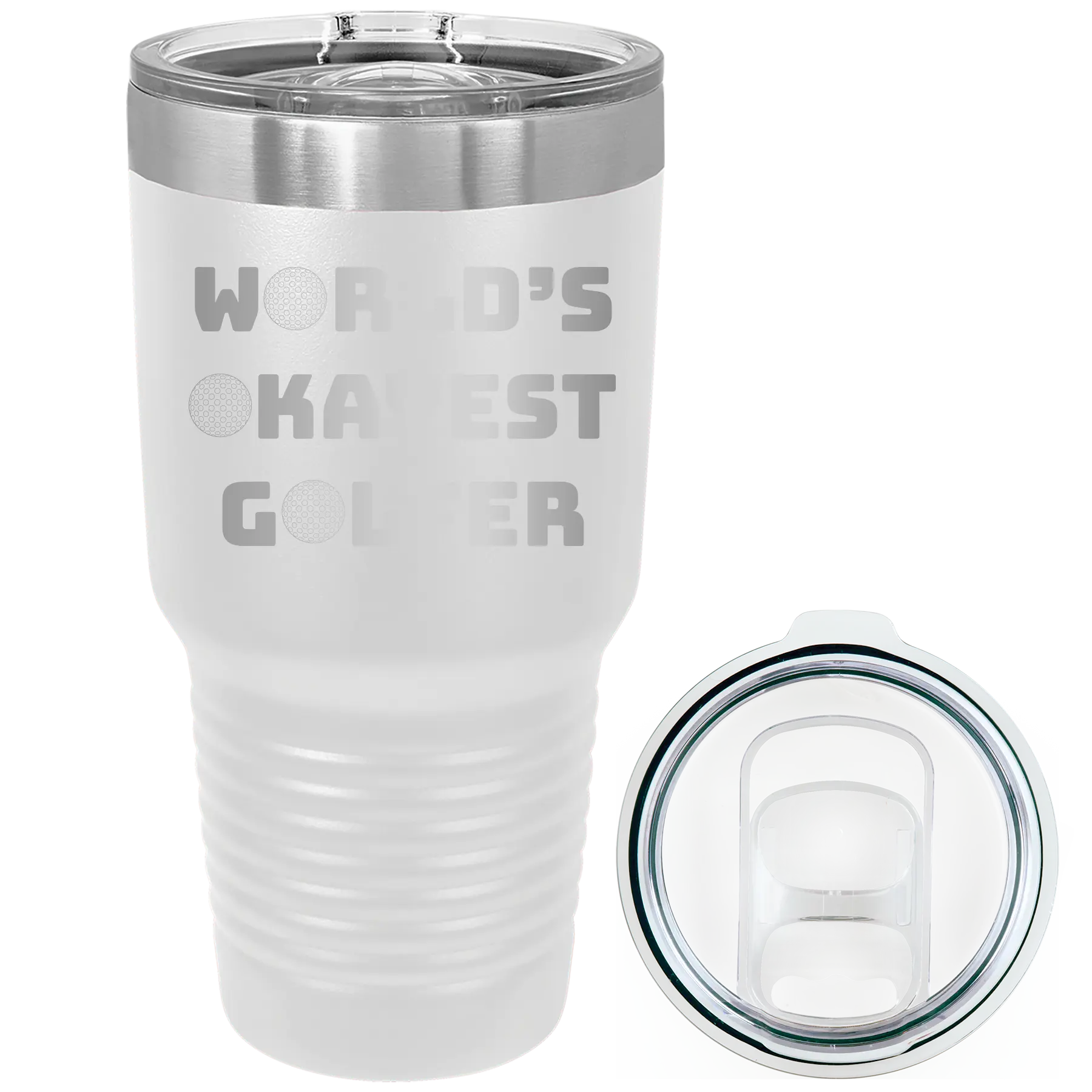Laser etched white 30 oz vacuum insulated tumbler with 'Worlds Okayest Golfer' design