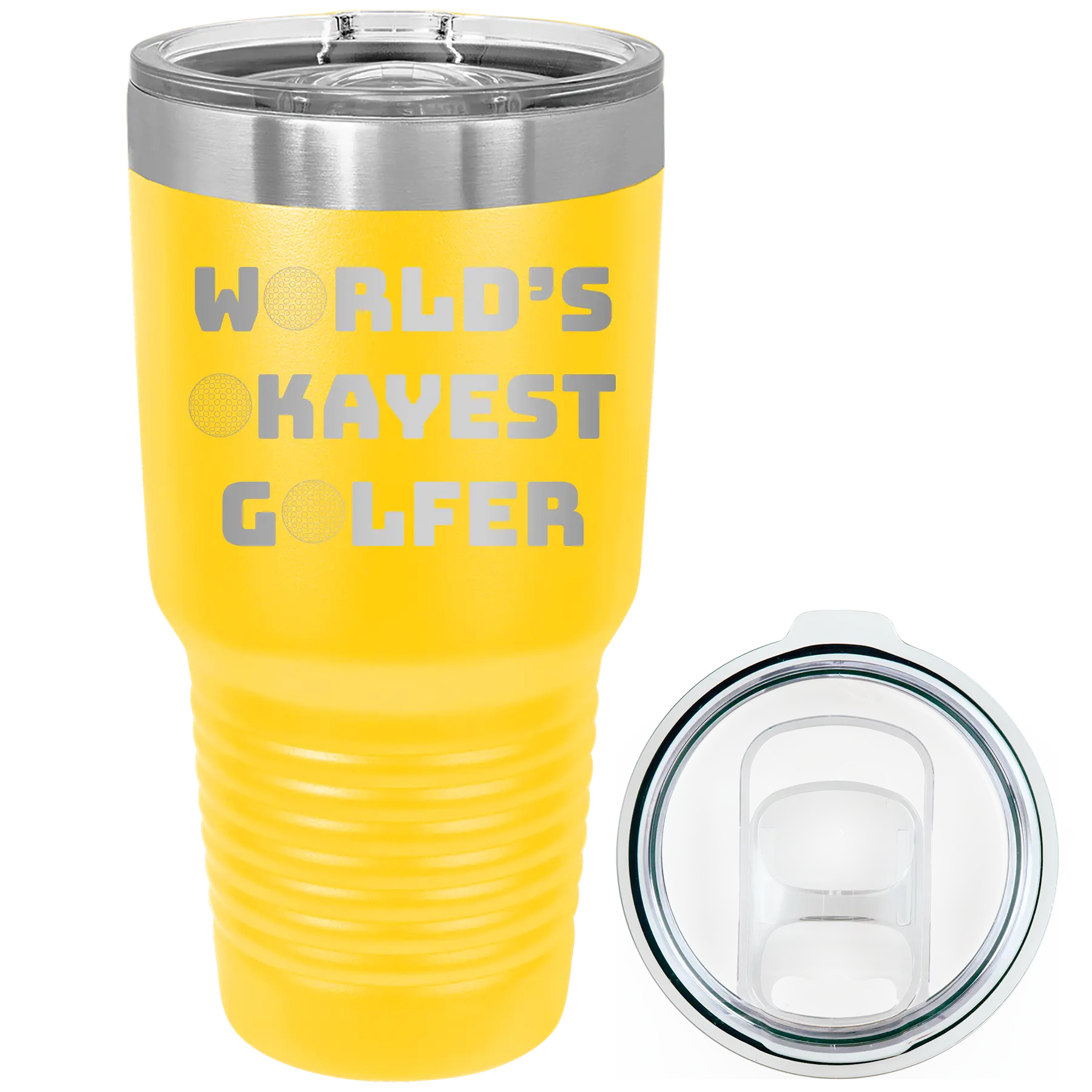 Laser etched yellow 30 oz vacuum insulated tumbler with 'Worlds Okayest Golfer' design
