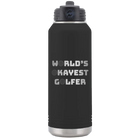 Laser etched black 32 oz vacuum insulated water bottle with 'Worlds Okayest Golfer' design