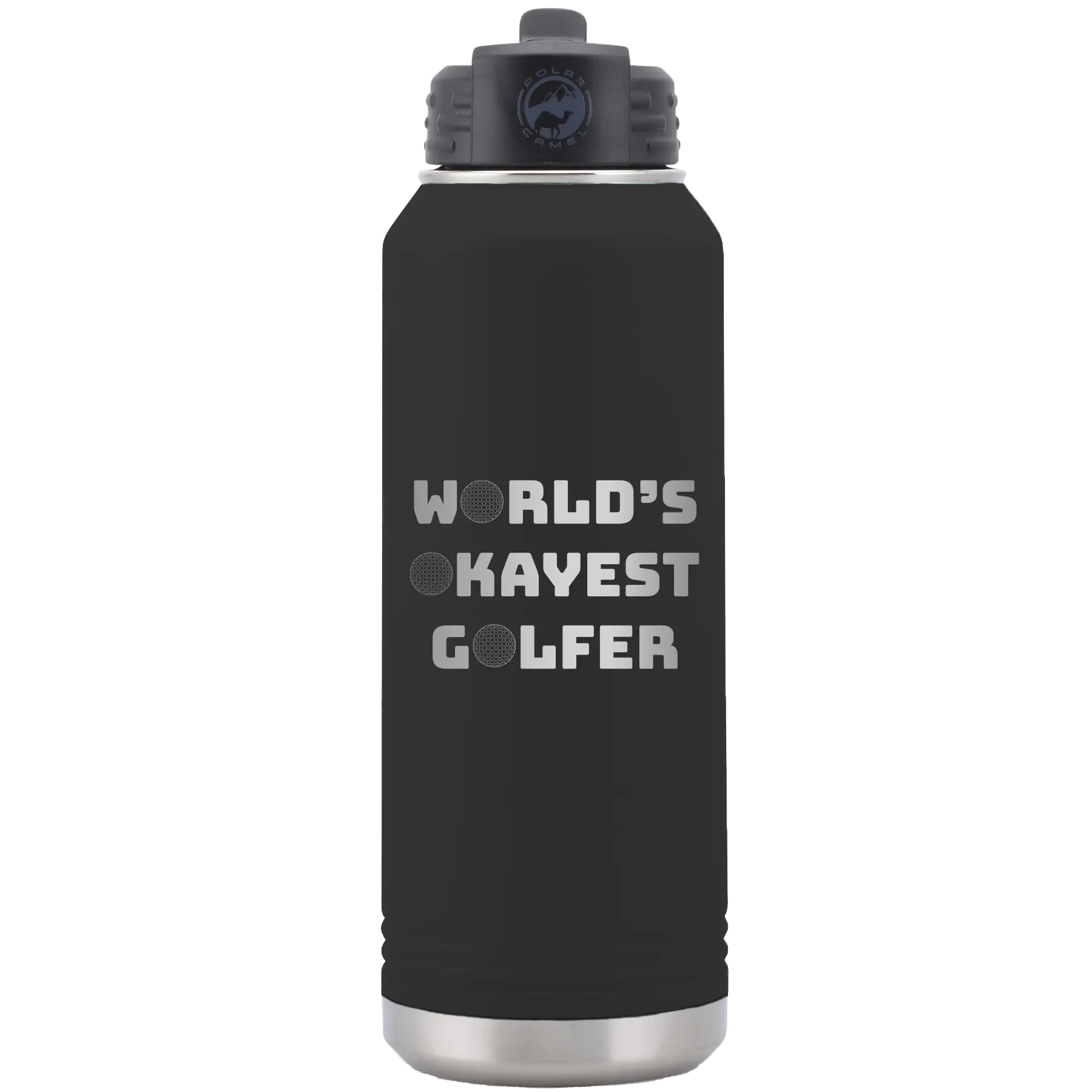Laser etched black 32 oz vacuum insulated water bottle with 'Worlds Okayest Golfer' design