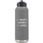 Laser etched dark gray 32 oz vacuum insulated water bottle with 'Worlds Okayest Golfer' design