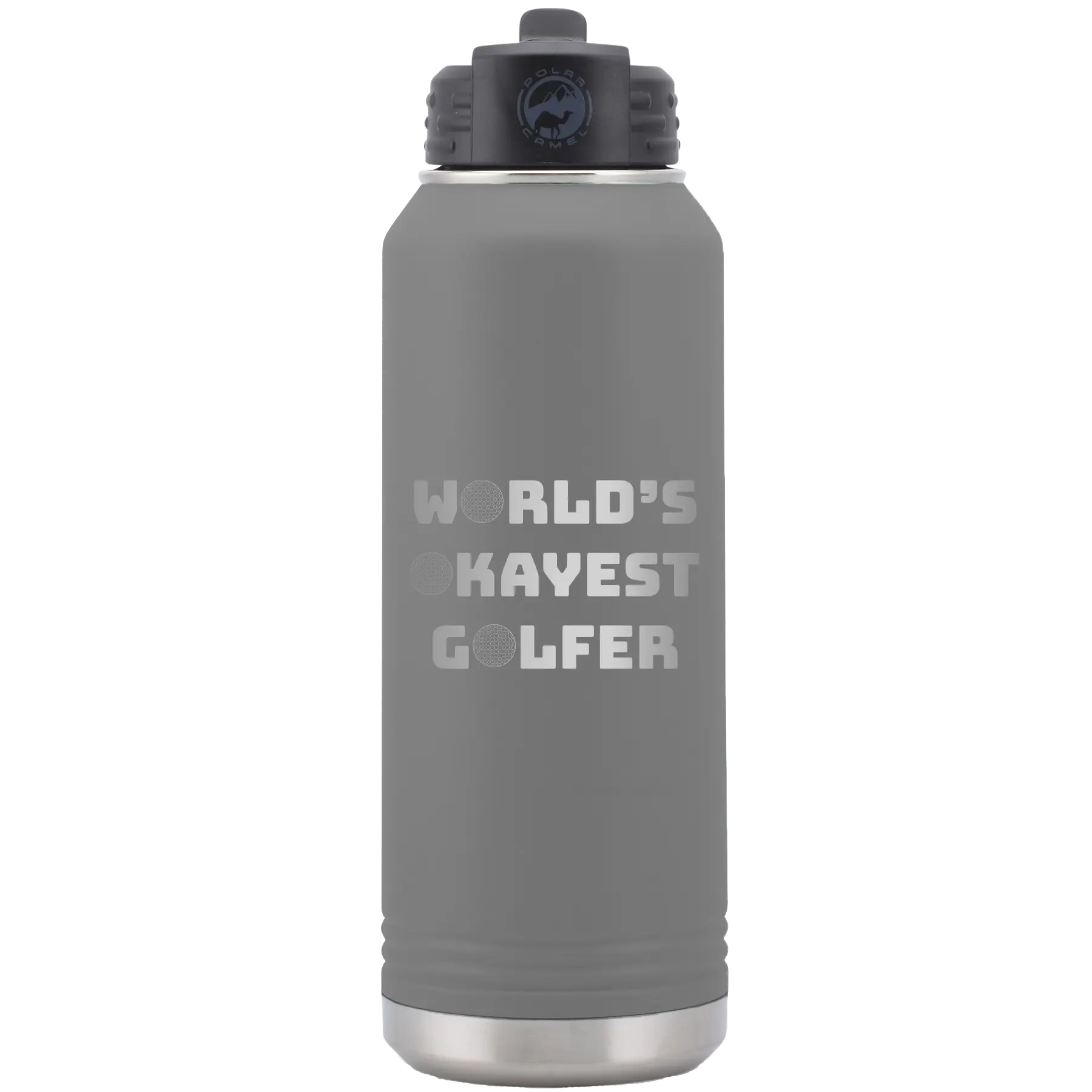 Laser etched dark gray 32 oz vacuum insulated water bottle with 'Worlds Okayest Golfer' design