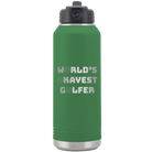 Laser etched green 32 oz vacuum insulated water bottle with 'Worlds Okayest Golfer' design