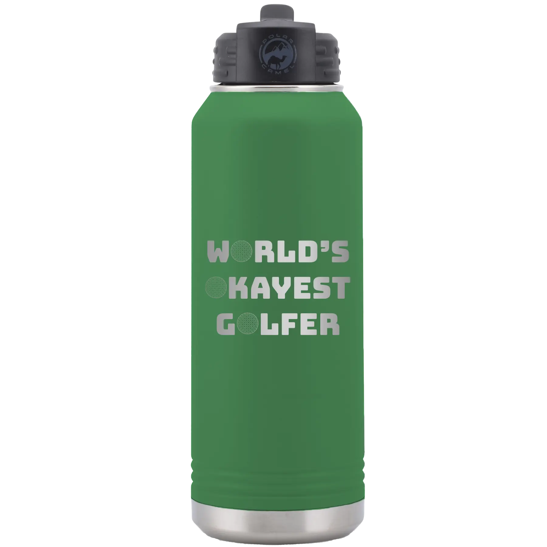 Laser etched green 32 oz vacuum insulated water bottle with 'Worlds Okayest Golfer' design
