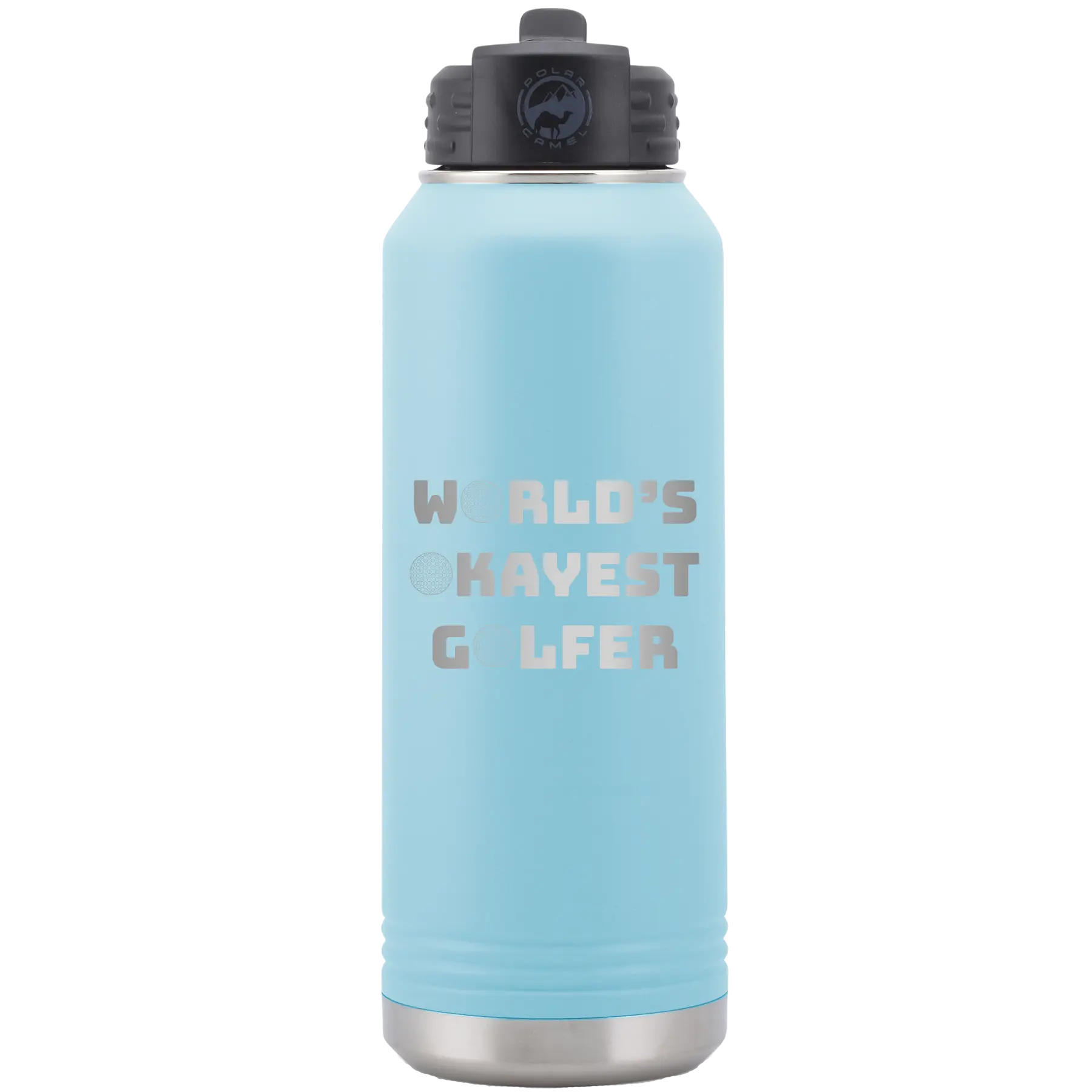 Laser etched light blue 32 oz vacuum insulated water bottle with 'Worlds Okayest Golfer' design