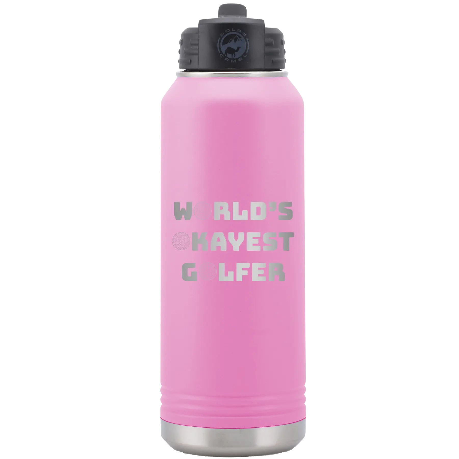 Laser etched light purple 32 oz vacuum insulated water bottle with 'Worlds Okayest Golfer' design